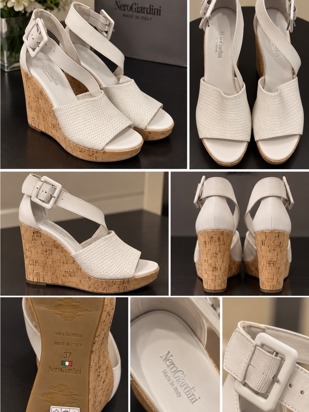 Nero Giardini White Cork Wedge Sandals with Buckle Ankle Strap